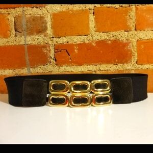 VINTAGE BLACK BELT SUEDE LEATHER STRETCH CINCH GOLD ELASTIC SNATCHED WAIST GOTH